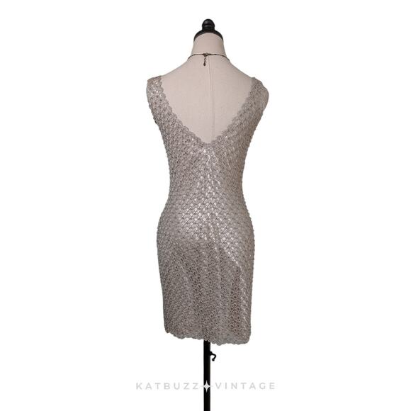 Carmen Marc Valvo Crochet Mini Cocktail Dress M Gold Tan Bead Boho Retro Glam - Picture 2 of 10